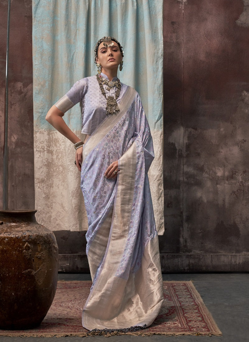 Light Blue Satin Weaving Silk With Tassels Beautiful Saree