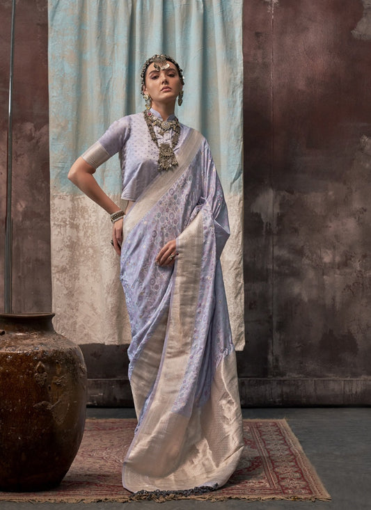 Light Blue Satin Weaving Silk With Tassels Beautiful Saree