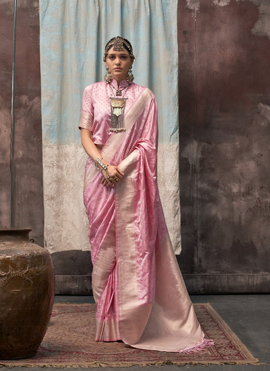 Light Pink Satin Weaving Silk With Tassels Beautiful Saree