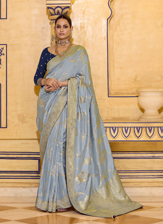 Gray Crape Silk Weaving With Designer Contrast Blouse Party Wear Saree