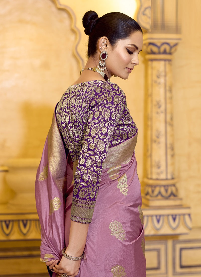 Onion Pink Crape Silk Weaving With Designer Contrast Blouse Party Wear Saree