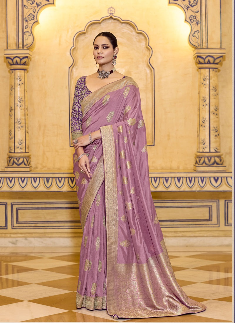 Onion Pink Crape Silk Weaving With Designer Contrast Blouse Party Wear Saree