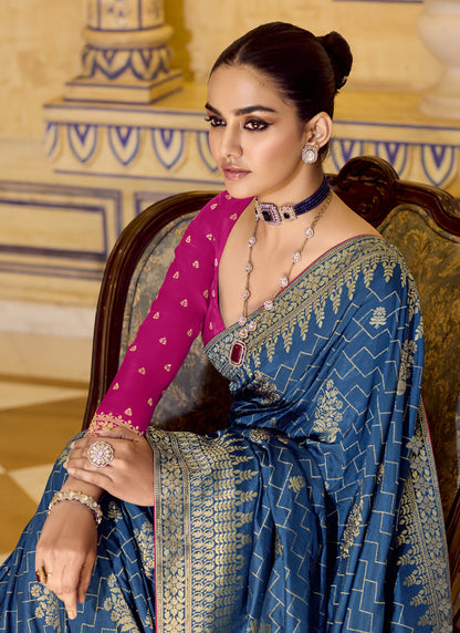 Peacock Blue Crape Silk Weaving With Designer Contrast Blouse Party Wear Saree