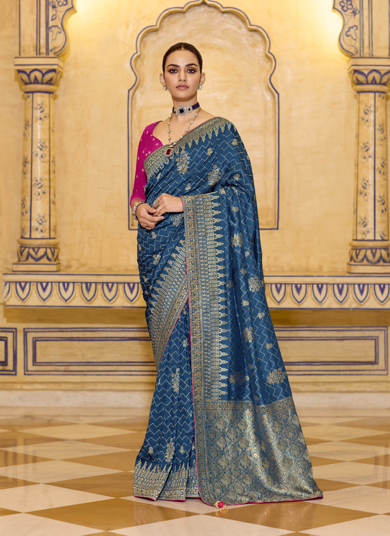 Peacock Blue Crape Silk Weaving With Designer Contrast Blouse Party Wear Saree