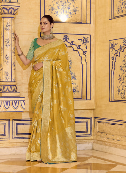 Mustad Crape Silk Weaving With Designer Contrast Blouse Party Wear Saree