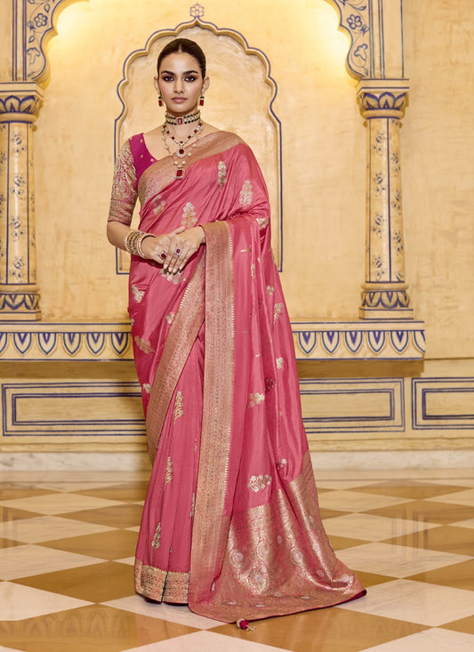 Peach Crape Silk Weaving With Designer Contrast Blouse Party Wear Saree