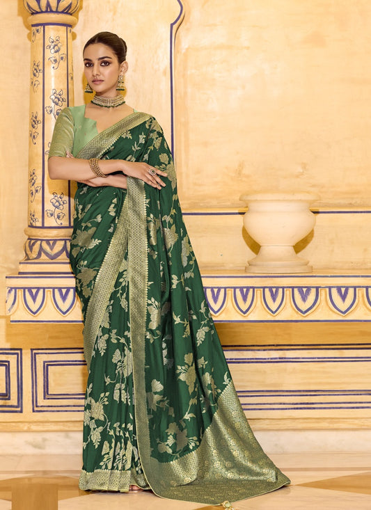 Green Crape Silk Weaving With Designer Contrast Blouse Party Wear Saree