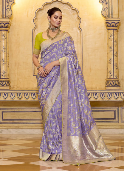 Lavender Crape Silk Weaving With Designer Contrast Blouse Party Wear Saree