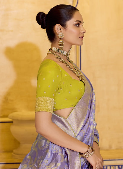 Lavender Crape Silk Weaving With Designer Contrast Blouse Party Wear Saree