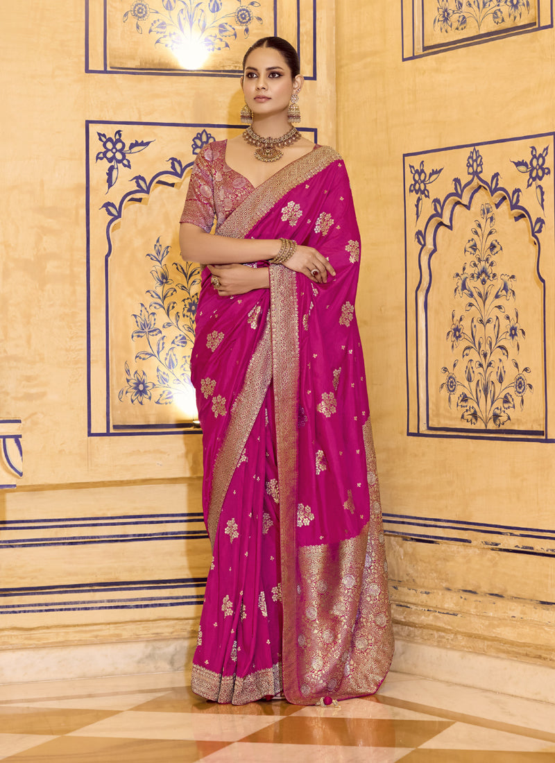 Rani Pink Crape Silk Weaving With Designer Contrast Blouse Party Wear Saree