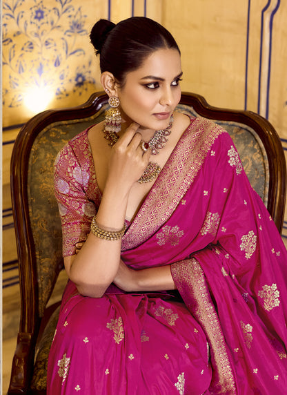 Rani Pink Crape Silk Weaving With Designer Contrast Blouse Party Wear Saree