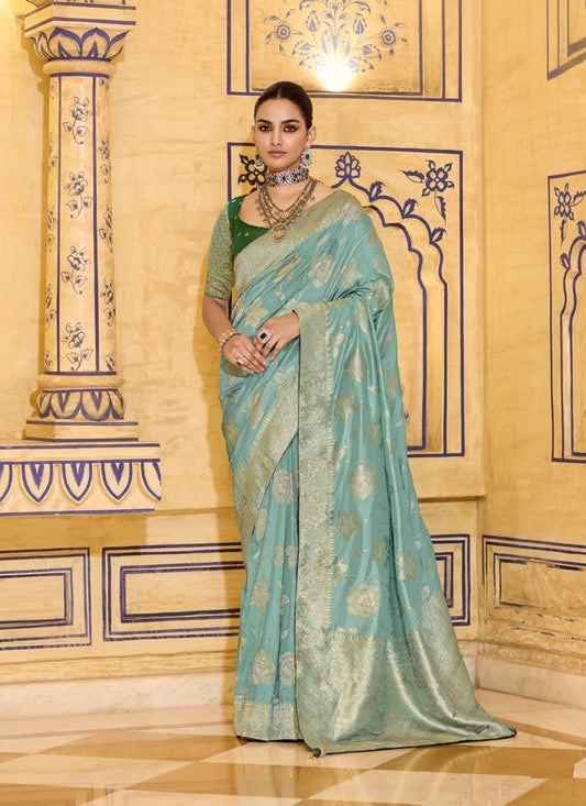 Light Turquoise Crape Silk Weaving With Designer Contrast Blouse Party Wear Saree