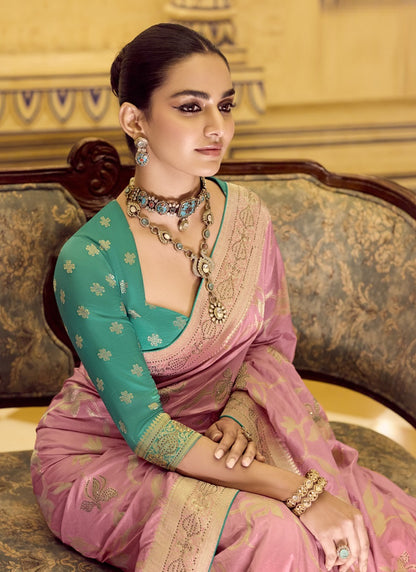 Baby Pink Crape Silk Weaving With Designer Contrast Blouse Party Wear Saree