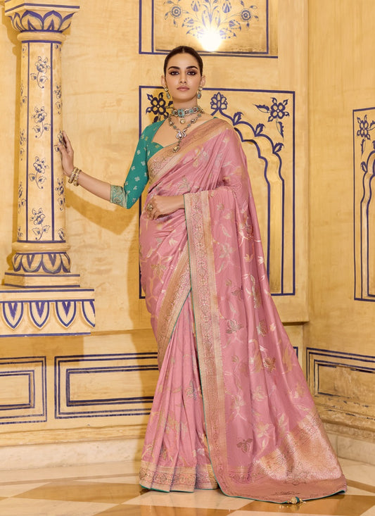 Baby Pink Crape Silk Weaving With Designer Contrast Blouse Party Wear Saree