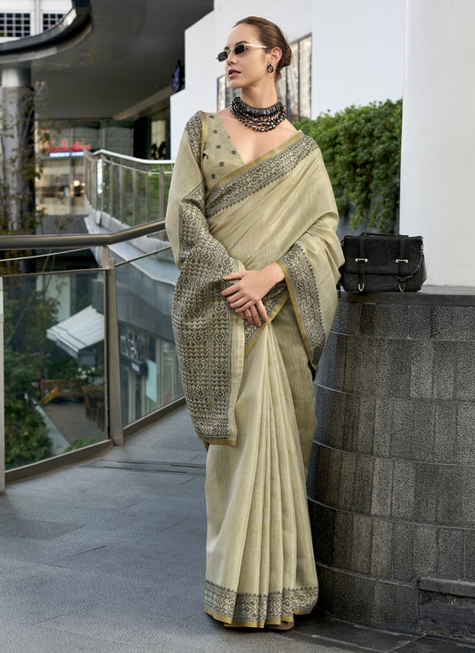 Beige Linen Tissue Silk Printed Casual Wear Saree