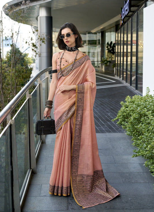 Peach Linen Tissue Silk Printed Casual Wear Saree