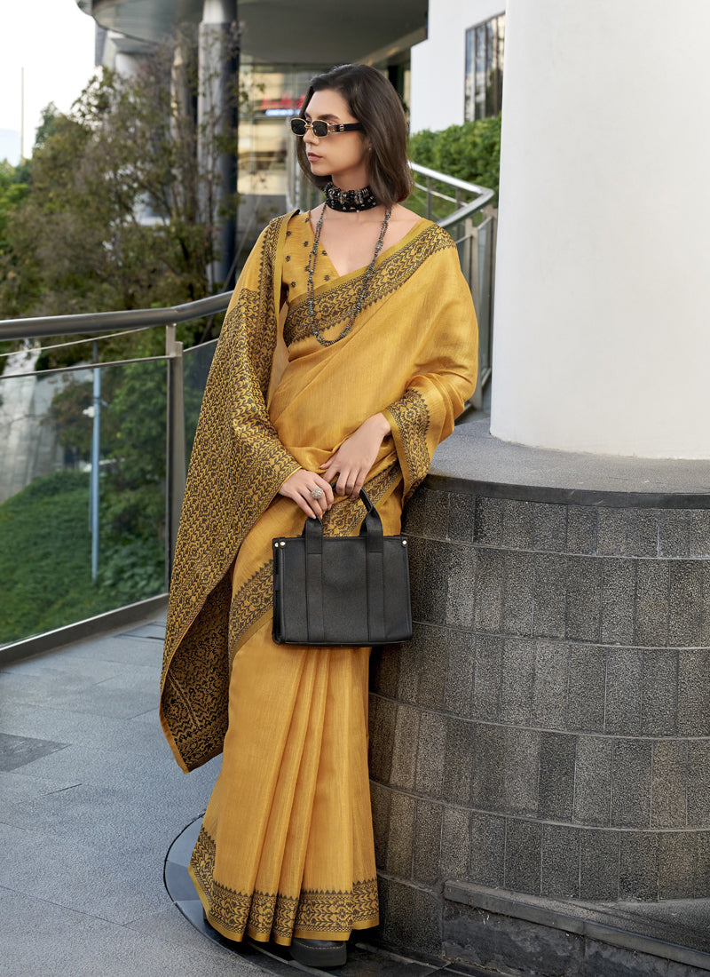 Mustard Linen Tissue Silk Printed Casual Wear Saree