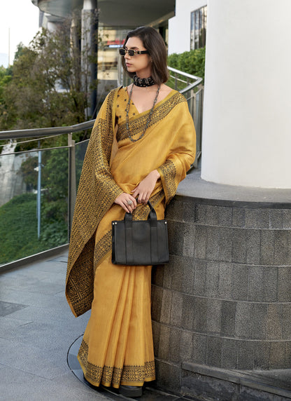 Mustard Linen Tissue Silk Printed Casual Wear Saree