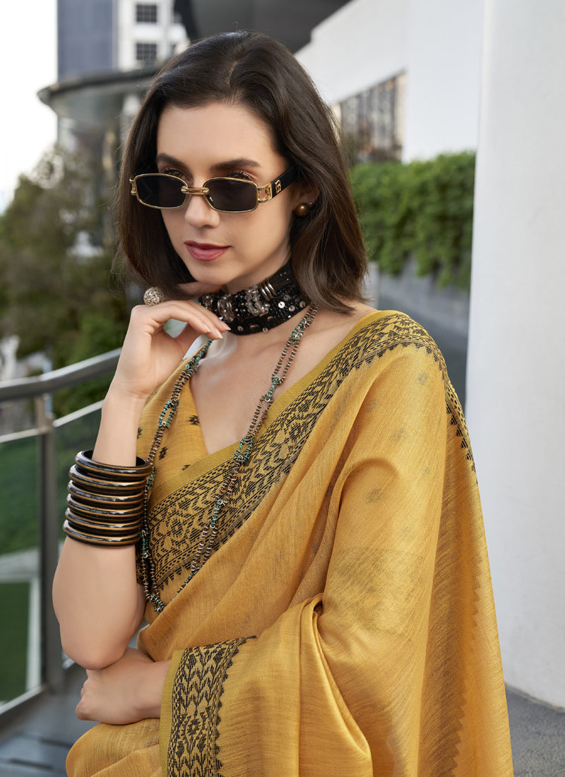 Mustard Linen Tissue Silk Printed Casual Wear Saree