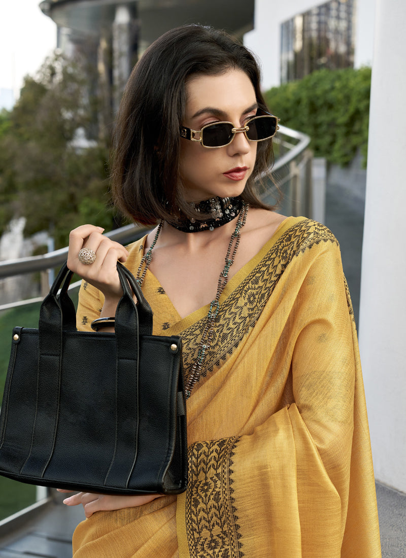 Mustard Linen Tissue Silk Printed Casual Wear Saree