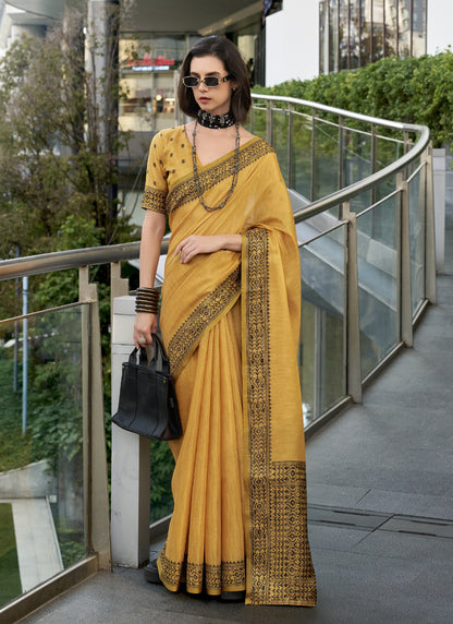 Mustard Linen Tissue Silk Printed Casual Wear Saree