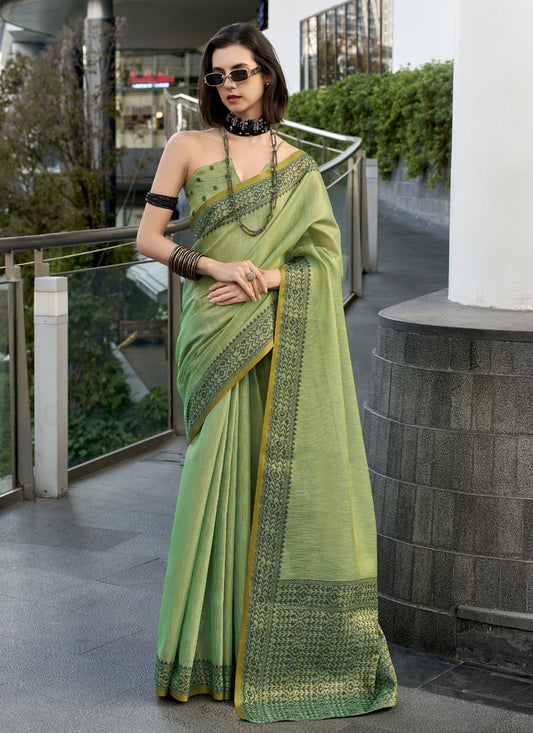 Pista Linen Tissue Silk Printed Casual Wear Saree