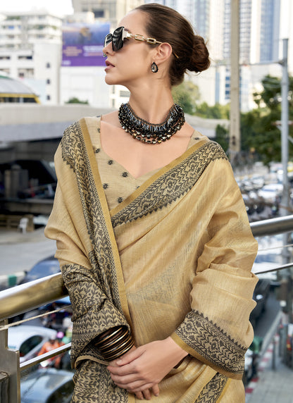 Cream Linen Tissue Silk Printed Casual Wear Saree