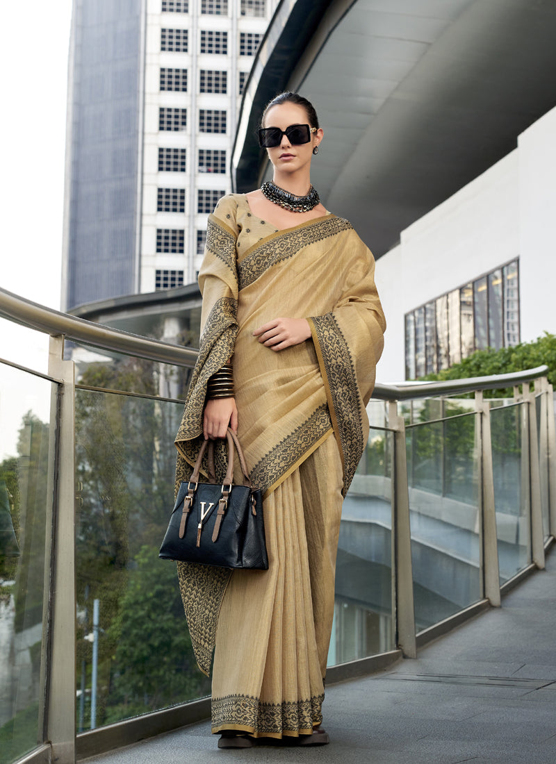 Cream Linen Tissue Silk Printed Casual Wear Saree