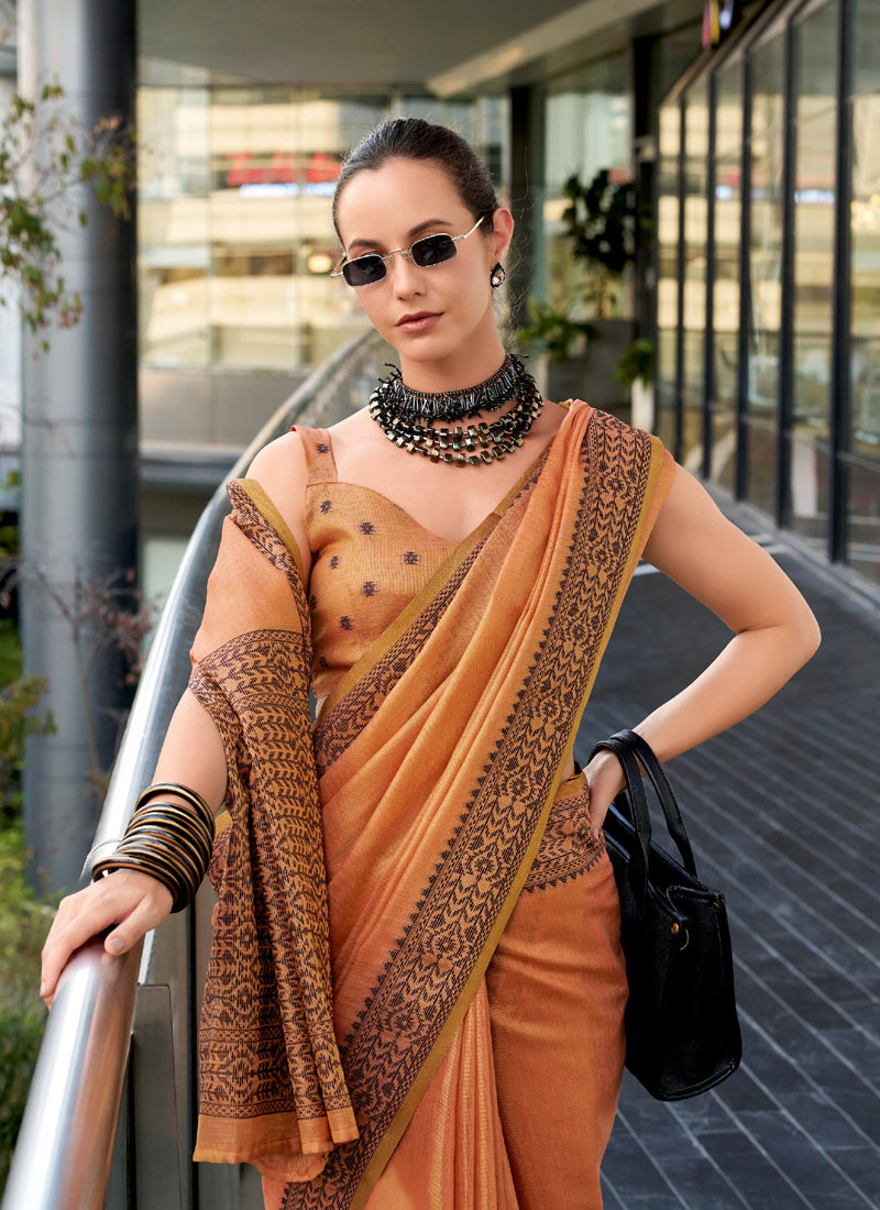 Orange Linen Tissue Silk Printed Casual Wear Saree