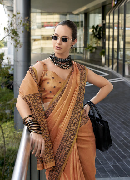Orange Linen Tissue Silk Printed Casual Wear Saree