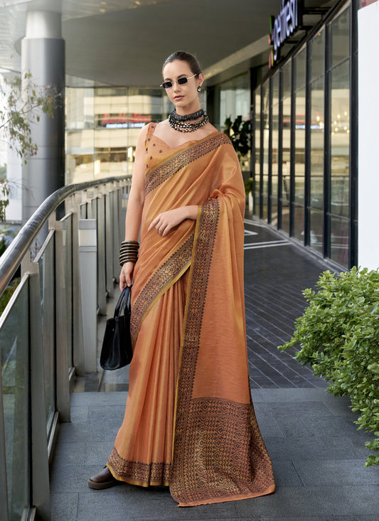 Orange Linen Tissue Silk Printed Casual Wear Saree