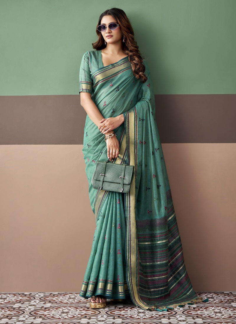 Designer Cotton Saree with Contrast Border & Striped Pallu