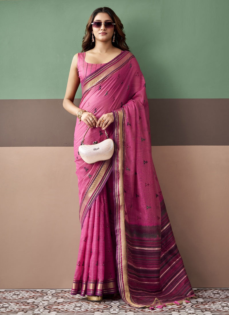 Designer Cotton Saree with Contrast Border & Striped Pallu