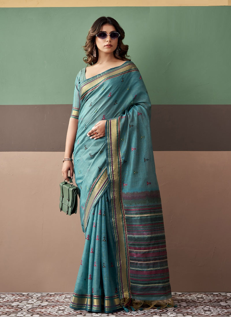 Designer Cotton Saree with Contrast Border & Striped Pallu