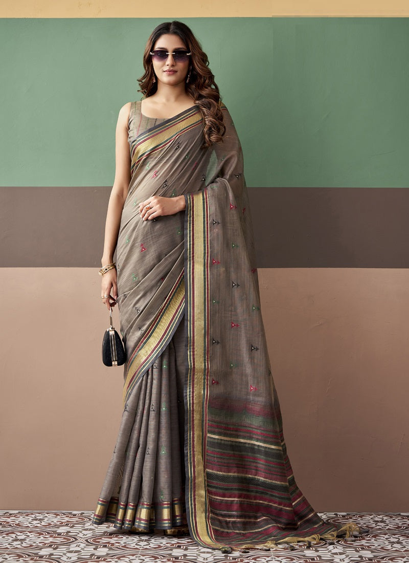 Designer Cotton Saree with Contrast Border & Striped Pallu