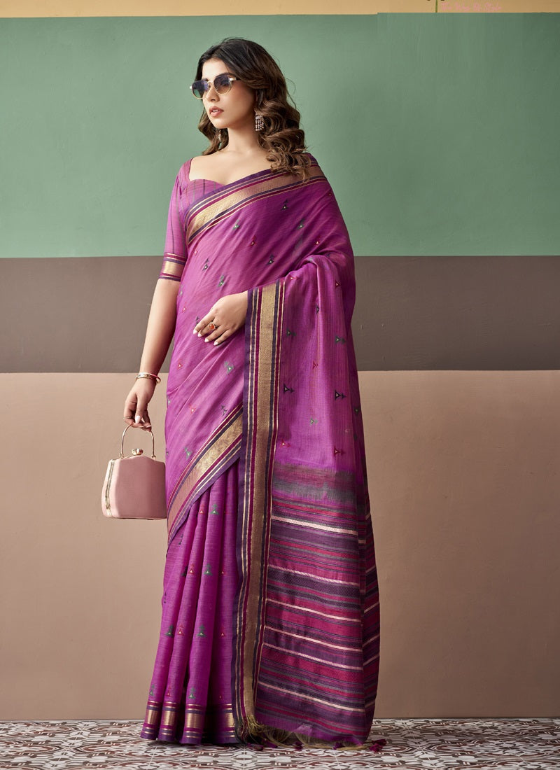 Designer Cotton Saree with Contrast Border & Striped Pallu