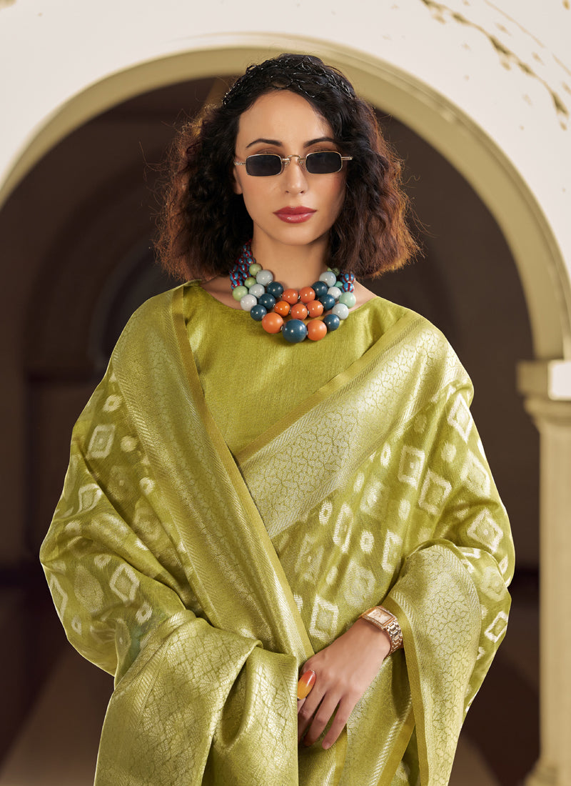 Olive Tissue Silk With Zari Weaving Wedding Wear Saree