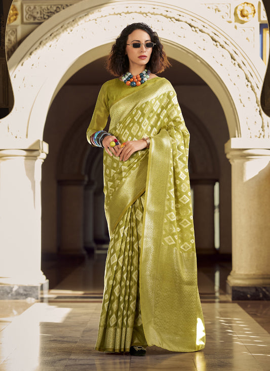 Olive Tissue Silk With Zari Weaving Wedding Wear Saree