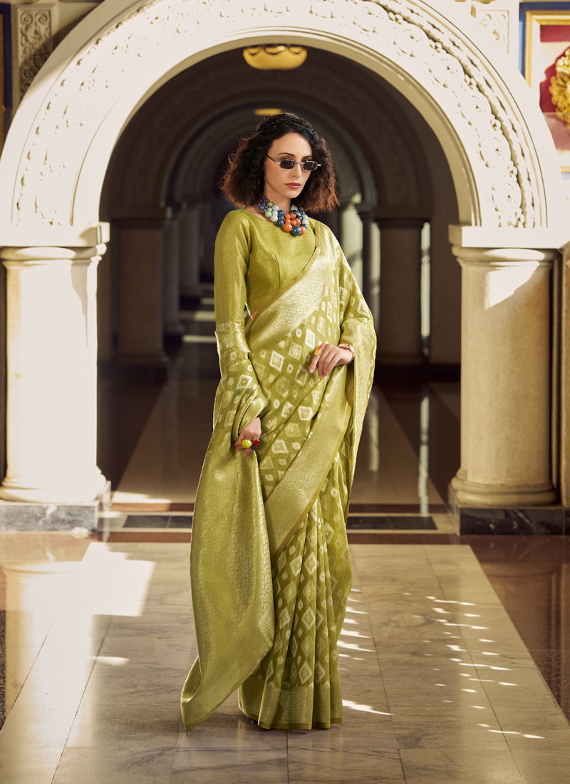 Olive Tissue Silk With Zari Weaving Wedding Wear Saree