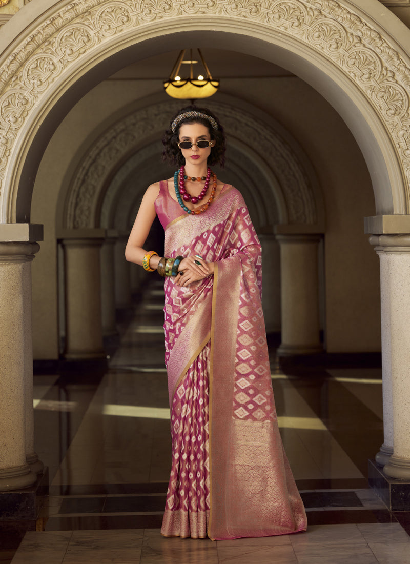 Baby Pink Tissue Silk With Zari Weaving Wedding Wear Saree
