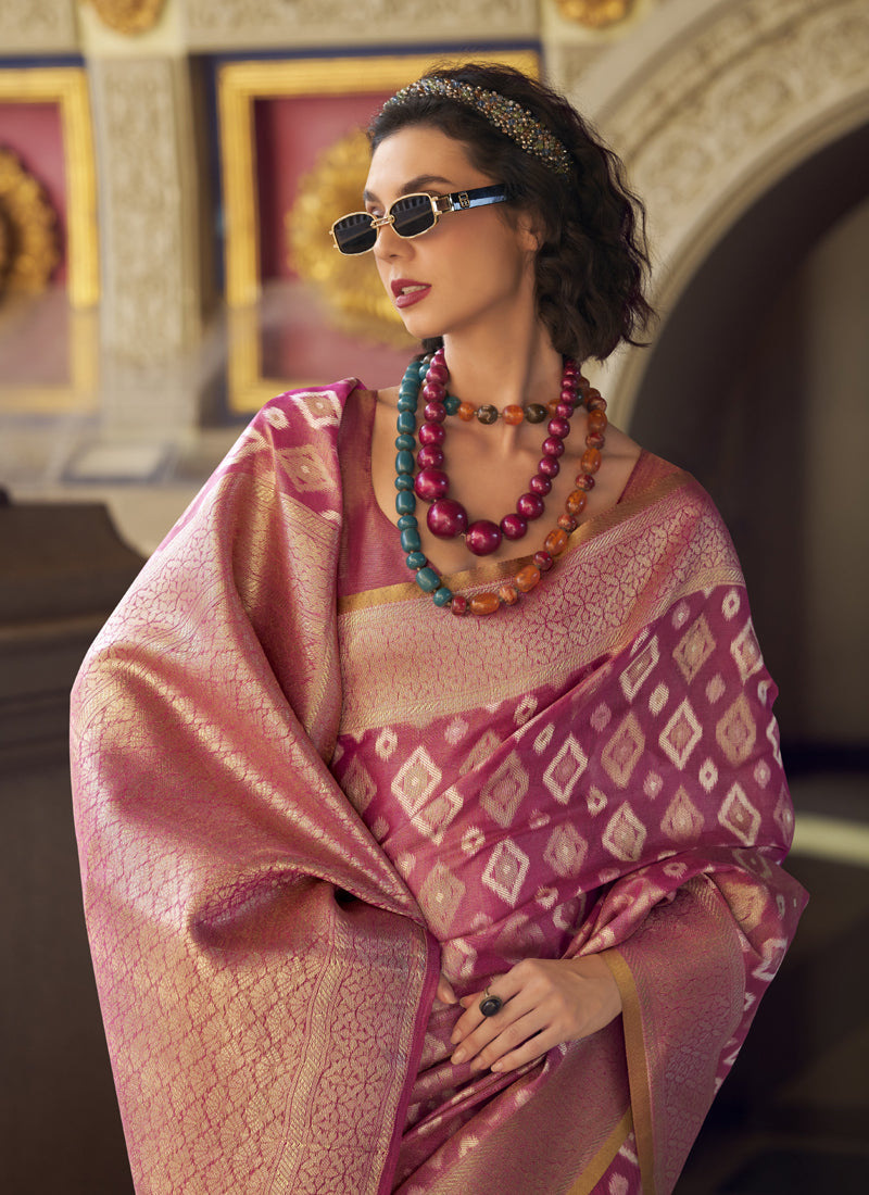 Baby Pink Tissue Silk With Zari Weaving Wedding Wear Saree