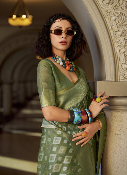 Mehndi Tissue Silk With Zari Weaving Wedding Wear Saree