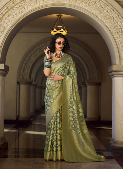 Mehndi Tissue Silk With Zari Weaving Wedding Wear Saree
