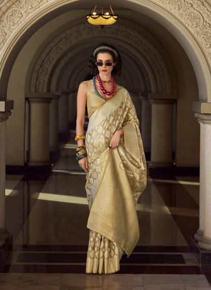 Cream Tissue Silk With Zari Weaving Wedding Wear Saree