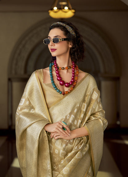 Cream Tissue Silk With Zari Weaving Wedding Wear Saree