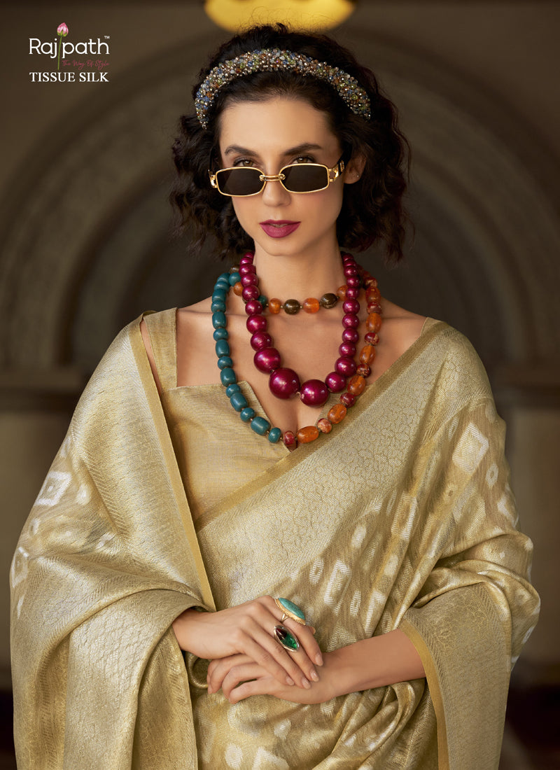 Cream Tissue Silk With Zari Weaving Wedding Wear Saree