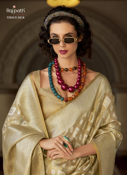 Cream Tissue Silk With Zari Weaving Wedding Wear Saree