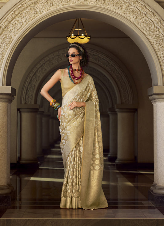 Cream Tissue Silk With Zari Weaving Wedding Wear Saree