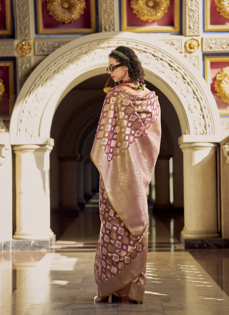 Onion Pink Tissue Silk With Zari Weaving Wedding Wear Saree