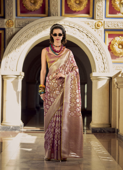 Onion Pink Tissue Silk With Zari Weaving Wedding Wear Saree